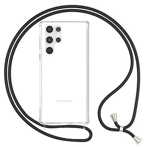 Kaliroo Klare Schutzhülle mit Kette kompatibel mit Samsung Galaxy S23 Ultra Hülle, Transparente Handyhülle mit Umhänge-Band, Kratzfest Anti-Gelb, Harte Rückseite & Silikon-Rand, Farbe:Schwarz von Kaliroo