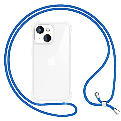 Kaliroo Klare Schutzhülle mit Kette kompatibel mit iPhone 14 Plus Hülle, Transparente Handyhülle mit Umhänge-Band, Kratzfest Anti-Gelb Durchsichtig, Harte Rückseite & Silikon-Rand, Farbe:Blau von Kaliroo