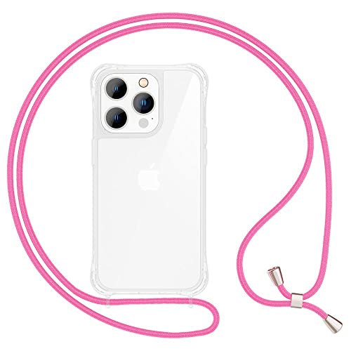 Kaliroo Klare Schutzhülle mit Kette kompatibel mit iPhone 14 Pro Hülle, Transparente Handyhülle mit Umhänge-Band, Kratzfest Anti-Gelb Durchsichtig, Harte Rückseite & Silikon-Rand, Farbe:Pink von Kaliroo