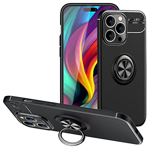 Kaliroo Mattierte Ringhülle kompatibel mit iPhone 14 Pro Hülle, Drehbarer 360° Ring, Standfunktion Aufsteller Finger-Halter, Schwarze Silikon Handyhülle rutschfest Kratzfest Stoßfest, Farbe:Schwarz von Kaliroo