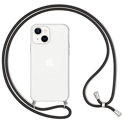 Kaliroo Necklace Case kompatibel mit iPhone 13 Hülle, Transparente Schutzhülle mit Kette Slim Hardcase mit Umhänge-Band, Clear Phone Cover Anti-Gelb Durchsichtige Handy-Tasche & Kordel, Farbe:Schwarz von Kaliroo