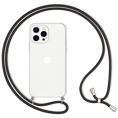 Kaliroo Necklace Case kompatibel mit iPhone 13 PRO Hülle, Transparente Schutzhülle mit Kette Slim Hardcase mit Umhänge-Band, Clear Phone Cover Etui Durchsichtige Handy-Tasche & Kordel, Farbe:Schwarz von Kaliroo