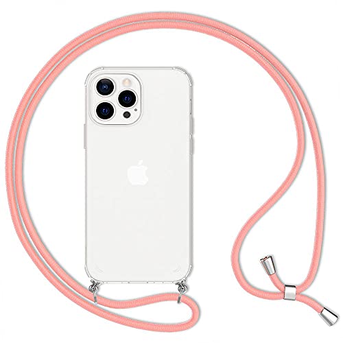 Kaliroo Necklace Case kompatibel mit iPhone 13 PRO MAX Hülle, Transparente Schutzhülle mit Kette Slim Hardcase mit Umhänge-Band, Clear Phone Cover Durchsichtige Handy-Tasche & Kordel, Farbe:Pink von Kaliroo