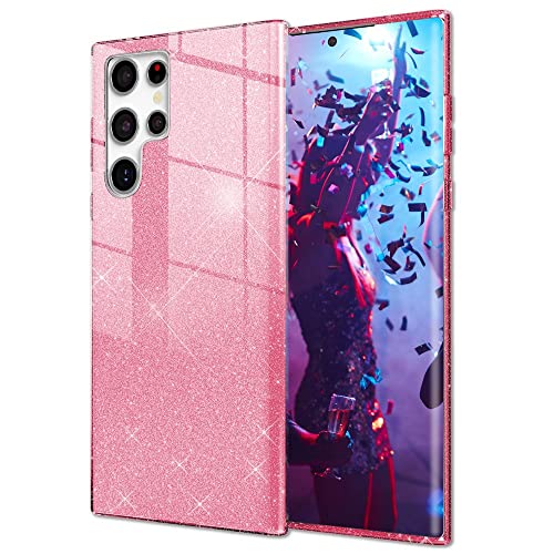 Kaliroo Robuste Glitzerhülle kompatibel mit Samsung Galaxy S23 Ultra Hülle, Bling Pailletten Glitter Case Glänzend Stoßfest Kratzfest, Verstärkte Silikon Handyhülle Glitzer Cover Etui, Farbe:Pink von Kaliroo