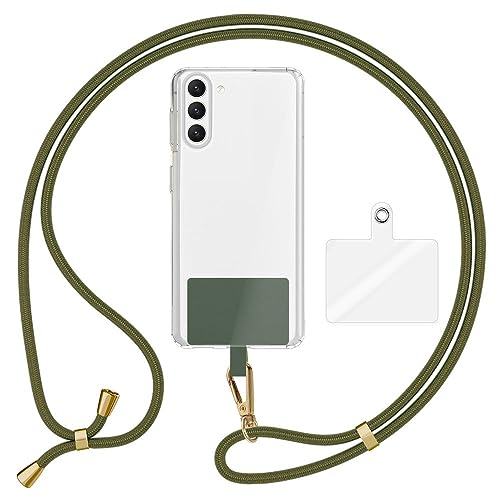 Kaliroo Universal Umhängeband mit 2 Pads & Karabiner-Haken (Gold Metall), Verstellbare Crossbody Handy-Kette 160cm lang für Handyhülle, Befestigung für Smartphone Schlüssel Ausweise, Farbe:Khaki von Kaliroo