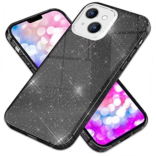 Kaliroo Verstärkte Glitzerhülle kompatibel mit iPhone 14 Hülle, 3in1 Schutzhülle Silikon & Glitzer & Hardcover, Glitter Case Bling Pailletten Cover Handyhülle Glänzend Robust Sparkly, Farbe:Schwarz von Kaliroo