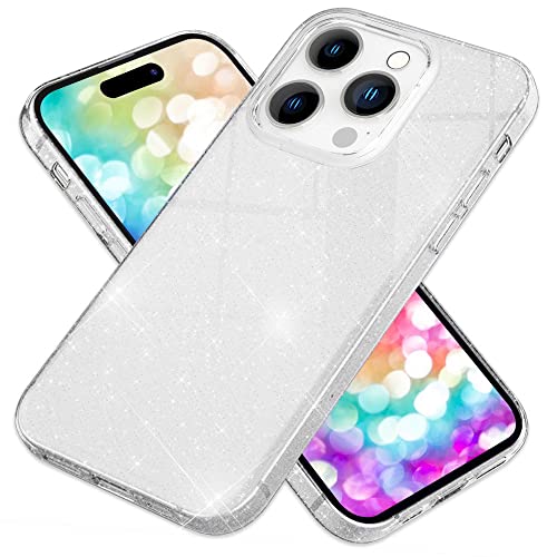 Kaliroo Verstärkte Glitzerhülle kompatibel mit iPhone 14 Pro Hülle, 3in1 Schutzhülle Silikon & Glitzer & Hardcover, Glitter Case Bling Pailletten Cover Strass Handyhülle Robust Sparkly, Farbe:Silber von Kaliroo