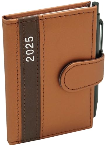Taschenkalender 2025 A7 mit Kugelschreiber und Halterung in Lederoptik, Terminplaner 2025 mit Stift Timer inkl. Jahreskalender und Wochenübersicht (Gold) von Kamber Office