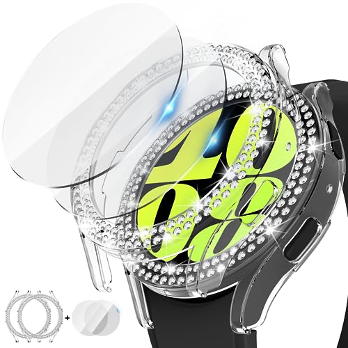 [2+2Stück] Kamita Diamant Hülle Kompatibel mit Samsung Galaxy Watch 6 40mm, 2 Strasssteine Hart PC Bumper Case+2 9H Hartglas Displayschutzfolie, Glitzer Schutzhülle für Galaxy Watch6 (Klar+Klar) von Kamita