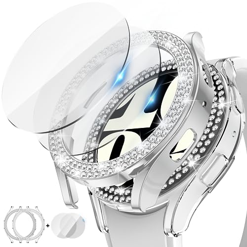 [2+2Stück] Kamita Diamant Hülle Kompatibel mit Samsung Galaxy Watch 6 40mm, 2 Strasssteine Hart PC Bumper Case+2 9H Hartglas Displayschutzfolie, Glitzer Schutzhülle für Galaxy Watch6 (Klar+Silber) von Kamita