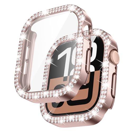 [2Stück] Kamita Diamond Hülle Kompatibel mit Apple Watch Serie 10 42mm, Glitzer Hart PC Bumper Case mit Hartglas Displayschutzfolie für iWatch10, Stoßfest Glitzerhüll für Frauen Mädchen (Roségold*2) von Kamita
