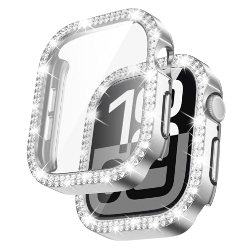 [2Stück] Kamita Diamond Hülle Kompatibel mit Apple Watch Serie 10 46mm, Glitzer Hart PC Bumper Case mit 9H Hartglas Displayschutzfolie für iWatch10, Stoßfest Glitzerhüll für Frauen Mädchen (Silber*2) von Kamita