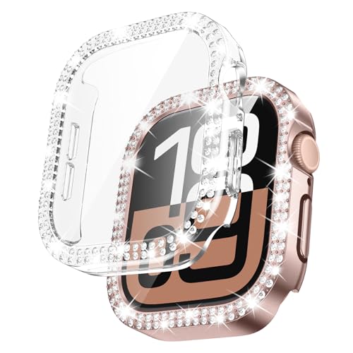 Kamita [2Stück] Diamond Hülle Kompatibel mit Apple Watch 10 46mm, Glitzer Hart PC Bumper Case mit 9H Hartglas Displayschutzfolie für iWatch10, Stoßfest Glitzerhüll für Frauen Mädchen (Klar+Roségold) von Kamita