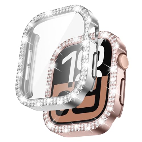 Kamita [2Stück] Diamond Hülle Kompatibel mit Apple Watch 10 46mm, Glitzer Hart PC Bumper Case mit 9H Hartglas Displayschutzfolie für iWatch10, Stoßfest Glitzerhüll für Frauen Mädchen(Silber+Roségold) von Kamita