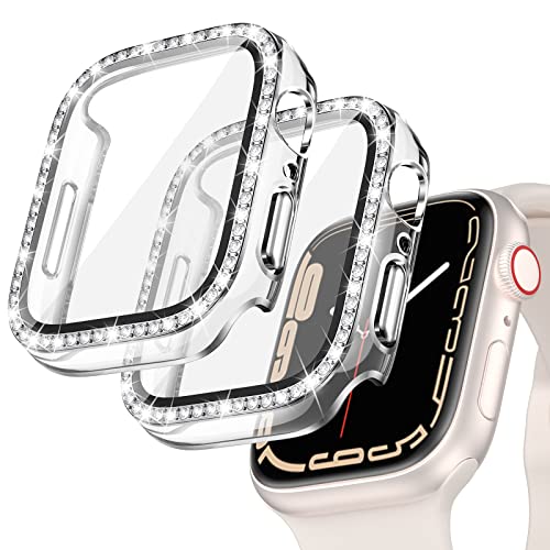 [2Stück] Kamita Diamond Hülle für Apple Watch Series 9/Series 8/Series 7 45mm, Glitzer Hart PC Bumper Case mit Hartglas Displayschutzfolie, Bling Schutzhülle Cover für iWatch9/iWatch8 (Klar-Silber) von Kamita