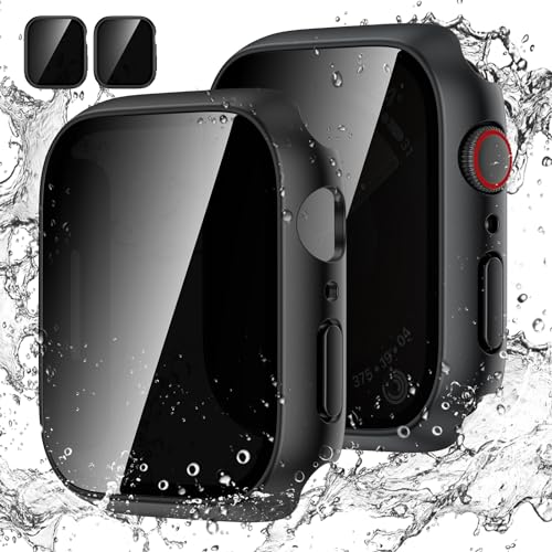 [2Stück] Kamita Privatsphäre Hülle für Apple Watch Series 9/8/7 45mm Schutzhülle mit 9H Hartglas Displayschutzfolie, Wasserdicht Hart PC Bumper Case Anti-Spy Gehäuse für iWatch9/iWatch8 (Schwarz*2) von Kamita