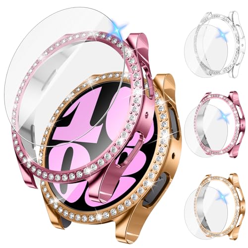 [3+3Stück]Kamita Diamant Hülle für Samsung Galaxy Watch 6 40MM,Glitter Hart PC Bumper Case+9H Hartglas Displayschutzfolie,Bling Damen Smartwatch Zubehör für Samsung Galaxy Watch 6(Klar+Roségold+Rosa) von Kamita