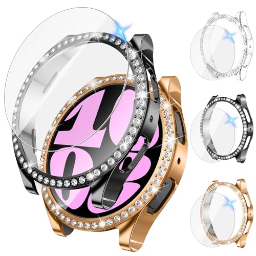 [3+3Stück] Kamita Diamant Hülle für Samsung Galaxy Watch 6 40MM,Glitter Hart PC Bumper Case+9H Hartglas Displayschutzfolie,Bling Damen Smartwatch Zubehör für Samsung Watch 6(Klar+Schwarz+Roségold) von Kamita