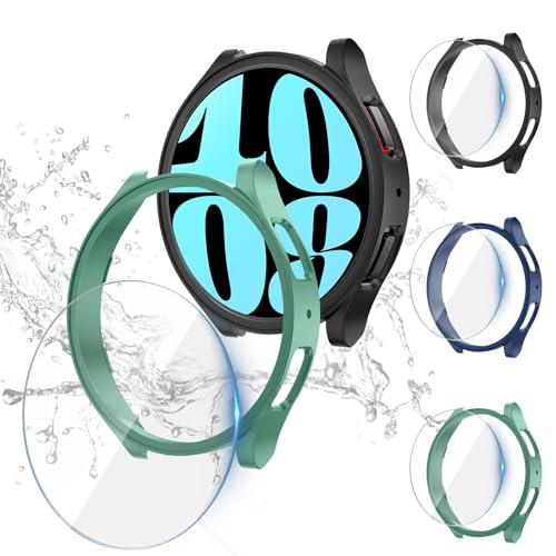 [3+3Stück] Kamita Hülle Kompatibel mit Samsung Galaxy Watch 6 40mm mit Displayschutzfolie, 3 Kratzfest Hartglas Schutzfolie und 3 Hart PC Bumper Case Schutzhülle für Galaxy Watch6 (Klar+Grün+Blau) von Kamita