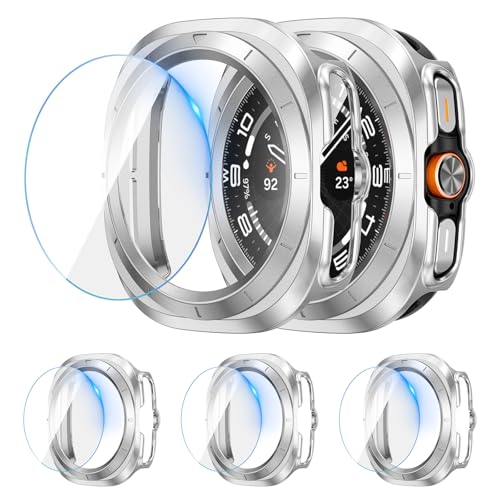 [3+3Stück] Kamita Hülle Kompatibel mit Samsung Galaxy Watch Ultra 47mm mit Displayschutzfolie, 3 Hartglas Schutzfolie und 3 Hart PC Bumper Case Stoßfest Schutzhülle für Samsung Watch Ultra (Silber*3) von Kamita