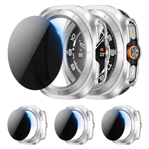 [3+3Stück] Kamita Hülle für Samsung Galaxy Watch Ultra 47mm mit Sichtschutzfolie, 3 Privatsphäre Hartglas Displayschutzfolie und 3 Hart PC Bumper Case Schutzhülle für Samsung Watch Ultra (Silber*3) von Kamita