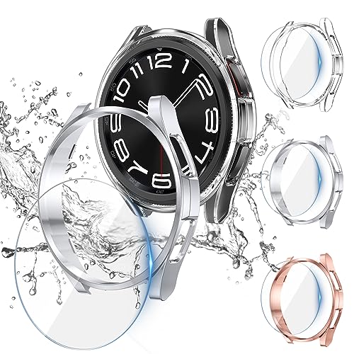 [3+3Stück] Kamita Hülle für Samsung Galaxy Watch 6 Classic 43mm mit Displayschutzfolie, 3 Hartglas Schutzfolie und 3 Hart PC Bumper Case Schutzhülle für Galaxy Watch6 Classic (Klar+Silber+Roségold) von Kamita