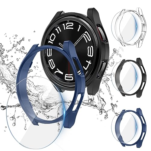 [3+3Stück] Kamita Hülle für Samsung Galaxy Watch 6 Classic 47mm mit Displayschutzfolie, 3 Hartglas Schutzfolie und 3 Hart PC Bumper Case Schutzhülle für Galaxy Watch6 Classic (Klar+Schwarz+Blau) von Kamita