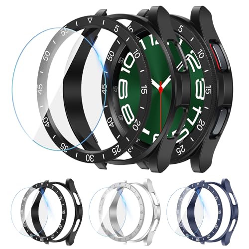 [3+3Stück] Kamita Schutzhülle für Samsung Galaxy Watch 6 Classic 47mm, 3 Hartglas Displayschutzfolie+3 PC Bumper Case+3 Lünette Adhesive Ring Hülle für Galaxy Watch6 Classic (Schwarz+Blau+Silber) von Kamita