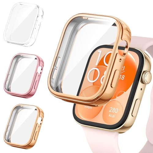 [3Stück] Kamita Hülle Kompatibel mit Huawei Watch Fit 3 Schutzhülle, Weich TPU Bumper Case mit Displayschutzfolie, Stoßfest Volle Abdeckung Schutz Hüllen für Huawei Watch Fit3 (Klar+Rosa+Roségold) von Kamita