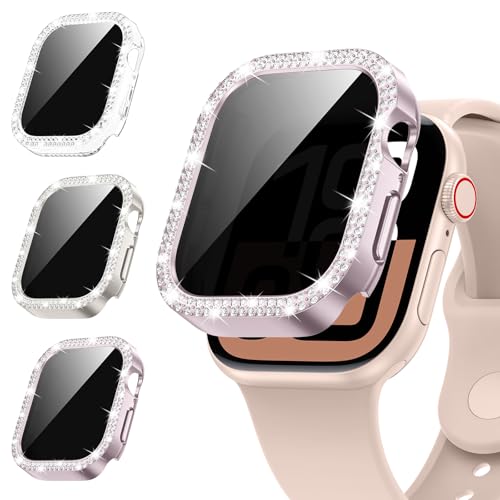 [3Stück] Kamita Diamant Privatsphäre Hülle Kompatibel mit Apple Watch Serie 10 46mm, Glitzer PC Bumper Case mit Hartglas Sichtschutzfolie, Anti-Spy Glitzerhüll für iWatch10 (Klar+Sternenlicht+Rosa) von Kamita
