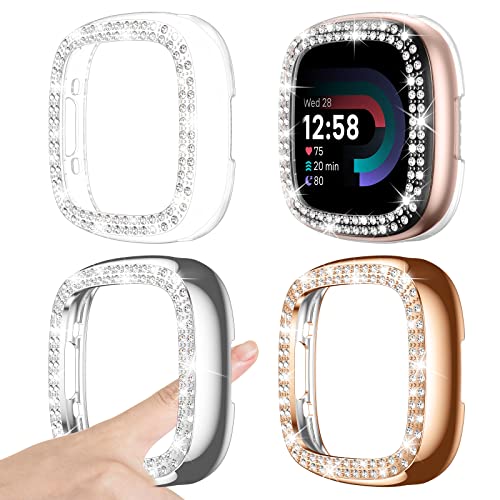 Kamita [3Stück] Diamant Schutzhülle Kompatibel mit Fitbit Versa 4/Sense 2 Hülle, Hart PC Case mit Strasssteine Bumper, Glitzer Schutz Cover für Fitbit Versa4/Sense2 Gehäuse (Klar+Silber+Roségold) von Kamita