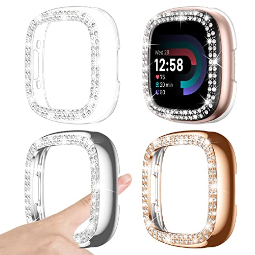 [3Stück] Kamita Diamant Schutzhülle Kompatibel mit Fitbit Versa 4/Sense 2 Hülle, Hart PC Case mit Strasssteine Bumper, Glitzer Schutz Cover für Fitbit Versa4/Sense2 Gehäuse (Klar+Silber+Roségold) von Kamita