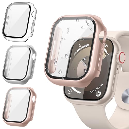[3Stück] Kamita Hülle Kompatibel mit Apple Watch Series 9 8 7 41mm Schutzhülle mit Displayschutz aus Gehärtetem Glas, PC Bumper Case Schutz Gehäuse für iWatch9/iWatch8/iWatch7 (Klar+Silber+Roségold) von Kamita