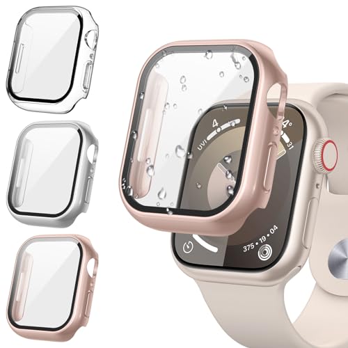 [3Stück] Kamita Hülle Kompatibel mit Apple Watch Serie 9 8 7 41mm Schutzhülle mit Displayschutz aus Gehärtetem Glas, PC Bumper Case Schutz Gehäuse für iWatch9/iWatch8/iWatch7 (Klar+Silber+Roségold) von Kamita