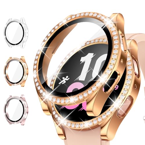 [3Stück] Kamita Hülle Kompatibel mit Samsung Galaxy Watch 6 40mm Schutzhülle mit 9H Hartglas Displayschutzfolie, Diamant Härte PC Bumper Case Schutz Glitzerhüll für Galaxy Watch6 (Klar+Roségold+Rosa) von Kamita