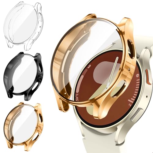 [3Stück] Kamita Hülle Kompatibel mit Samsung Galaxy Watch 7 40mm Schutzhülle, Weich TPU Bumper Case mit Displayschutzfolie, Stoßfest Volle Abdeckung Schutz Hüllen für Galaxy Watch7 (Klar+Schwar+Gold) von Kamita