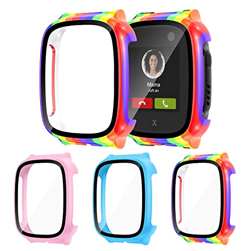 [3Stück] Kamita Hülle für XPLORA X5 Play Schutzhülle mit Displayschutz aus 9H Gehärtetem Glas, Rundum Hart PC Bumper Case Stoßfest Schutz Gehäuse für Xplora X5 Kinder Uhr (Rosa+Blau+Regenbogen) von Kamita