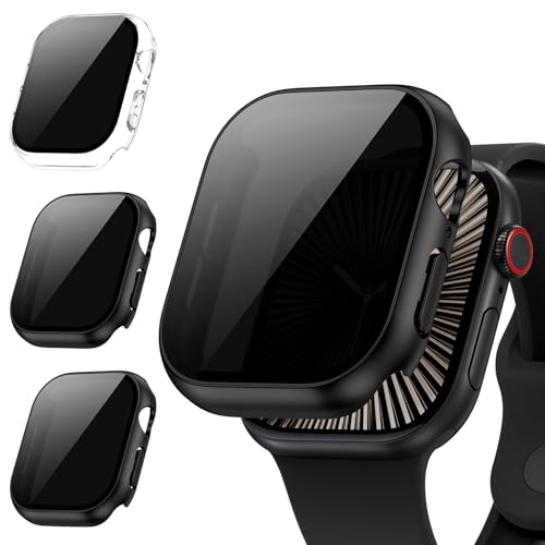 [3Stück] Kamita Privatsphäre Hülle Kompatibel mit Apple Watch Serie 10 42mm, Hart PC Bumper Case mit 9H Hartglas Displayschutzfolie, Stoßfest Anti-Spy Schutzhülle für iWatch10 (Klar+Schwarz+Schwarz) von Kamita