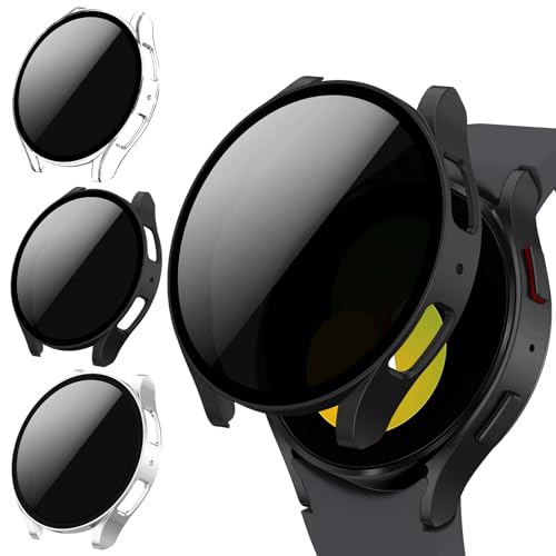 Kamita [3Stück] Privatsphäre Hülle für Samsung Galaxy Watch 4/Watch 5 44mm Schutzhülle mit 9H Hartglas Displayschutzfolie, Hart PC Bumper Case Anti-Spy Gehäuse für Watch4 Watch5 (Klar+Schwarz+Silber) von Kamita