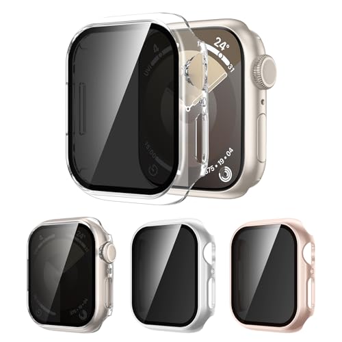 [3Stück] Kamita Privatsphäre Hülle für Apple Watch 9/8/7 45mm Schutzhülle mit 9H Hartglas Displayschutzfolie, Hart PC Bumper Case Anti-Spy Gehäuse für iWatch9/iWatch8/iWatch7 (Klar+Silber+Roségold) von Kamita