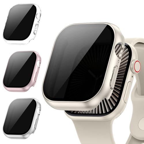 Kamita [3Stück] Privatsphäre Hülle Kompatibel mit Apple Watch Serie 10 42mm, Hart PC Bumper Case mit 9H Hartglas Sichtschutzfolie, Stoßfest Anti-Spy Schutzhülle für iWatch10 (Klar+Sternenlicht+Rosa) von Kamita