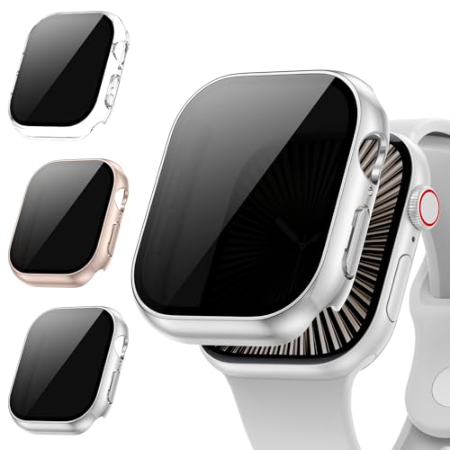[3Stück] Kamita Privatsphäre Hülle Kompatibel mit Apple Watch Serie 10 42mm, Hart PC Bumper Case mit 9H Hartglas Displayschutzfolie, Stoßfest Anti-Spy Schutzhülle für iWatch10 (Klar+Silber+Roségold) von Kamita