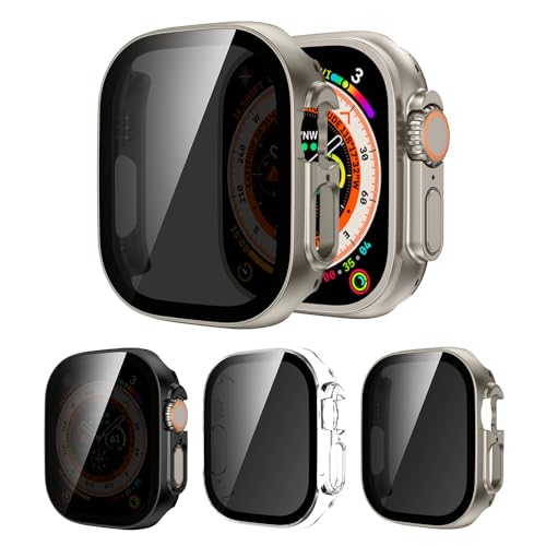 Kamita [3Stück] Privatsphäre Hülle für Apple Watch Ultra 2023/2022 Schutzhülle mit 9H Hartglas Displayschutzfolie, Hart PC Bumper Case Anti-Spy Gehäuse für iWatch Ultra 49mm (Klar+Schwarz+Titan) von Kamita