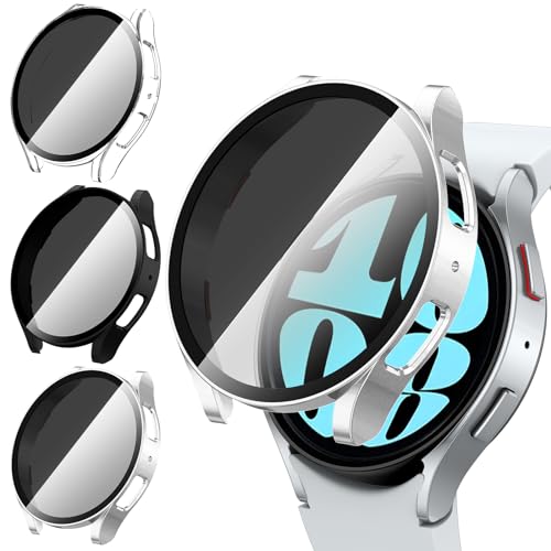 [3Stück] Kamita Privatsphäre Hülle Kompatibel mit Samsung Galaxy Watch 6 40mm Schutzhülle mit Hartglas Displayschutzfolie, Hart PC Bumper Case Anti-Spy Gehäuse für Galaxy Watch6 (Klar+Schwarz+Silber) von Kamita