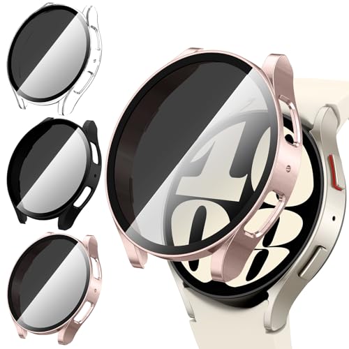 [3Stück] Kamita Privatsphäre Hülle für Samsung Galaxy Watch 6 44mm Schutzhülle mit Hartglas Displayschutzfolie,PC Bumper Case Anti-Spy Gehäuse für Galaxy Watch 6（Klar+Schwarz+Roségold） von Kamita