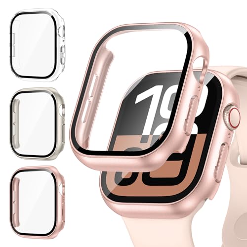 [3Stück] Kamita Hülle Kompatibel mit Apple Watch 10 46mm Schutzhülle mit Displayschutzfolie aus 9H Gehärtetem Glas, Hart PC Bumper Case Rundumschutz Gehäuse für iWatch10 (Klar+Sternenlicht+Roségold) von Kamita