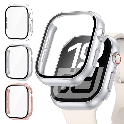 [3Stück] Kamita Hülle Kompatibel mit Apple Watch Serie 10 46mm Schutzhülle mit Displayschutzfolie aus 9H Gehärtetem Glas, Hart PC Bumper Case Rundumschutz Gehäuse für iWatch10 (Klar+Silber+Roségold) von Kamita