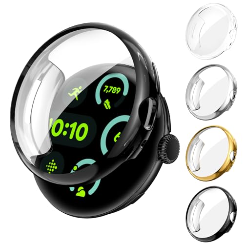 [4Stück] Kamita Hülle für Google Pixel Watch 3/2/1 41mm, Weiche TPU Bumper Cover mit Displayschutzfolie, Stoßfest Vollständige Abdeckung Schutzhülle für Google Pixel Watch3 (Klar+Schwar+Silber+Gold) von Kamita