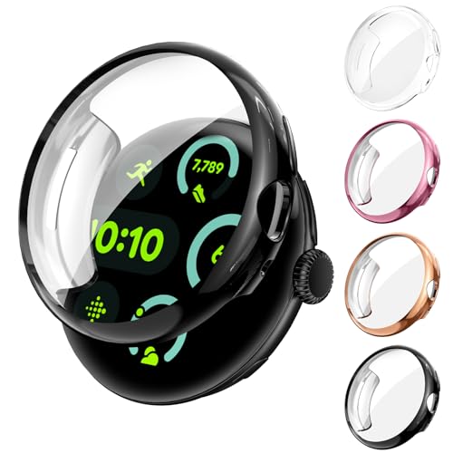 [4Stück] Kamita Hülle Kompatibel mit Google Pixel Watch 3 45mm, Weiche TPU Bumper Cover mit Displayschutzfolie, Vollständige Abdeckung Schutzhülle für Pixel Watch3 (Klar+Schwar+Rosa+Roségold) von Kamita