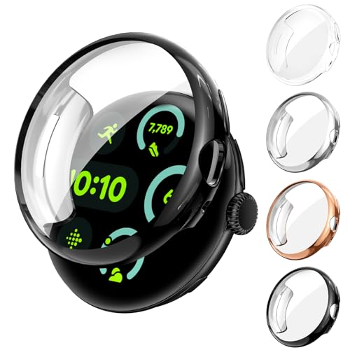 [4Stück] Kamita Hülle Kompatibel mit Google Pixel Watch 3 45mm, Weiche TPU Bumper Cover mit Displayschutzfolie, Vollständige Abdeckung Schutzhülle für Pixel Watch3 (Klar+Schwar+Silber+Roségold) von Kamita